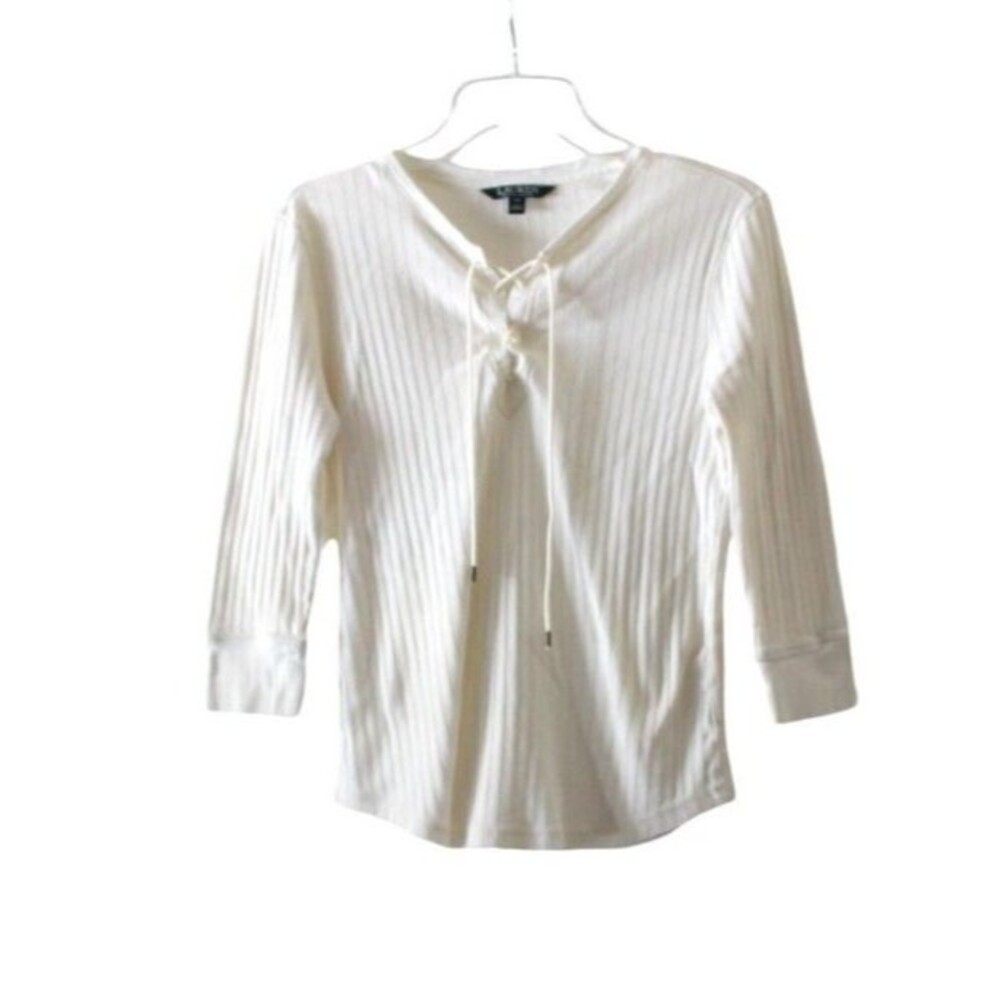 Lauren Ralph Lauren Knit Top Shirt Ivory Lace Up 3/4 Sleeves Womens PM